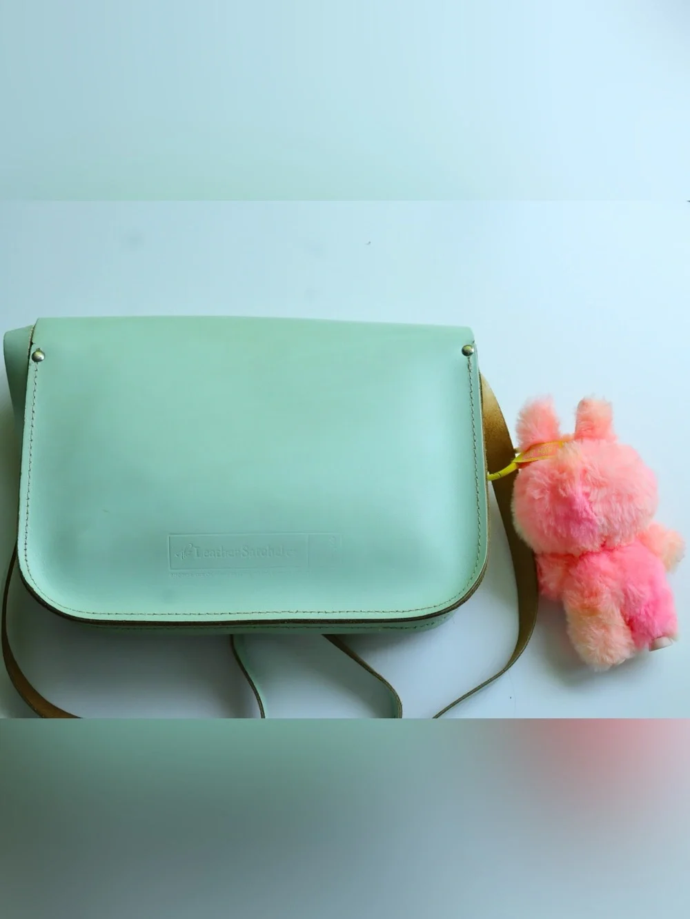 Mint Green Leather Satchel Crossbody Bag with Labubu